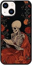 Picture of a phone case depicting a skeleton reading a book, wrapped in an orange blanket. The cover also has red and orange roses and a black background.