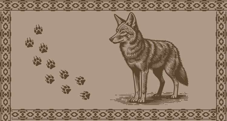 Intricate pattern with a coyote and paw prints.