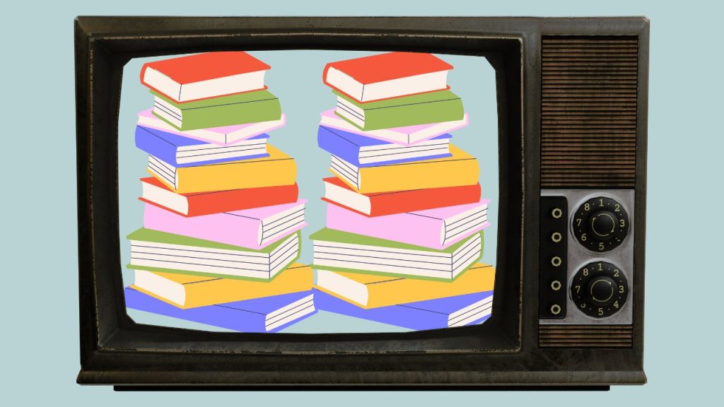 Stacks of books inside a retro television screen.