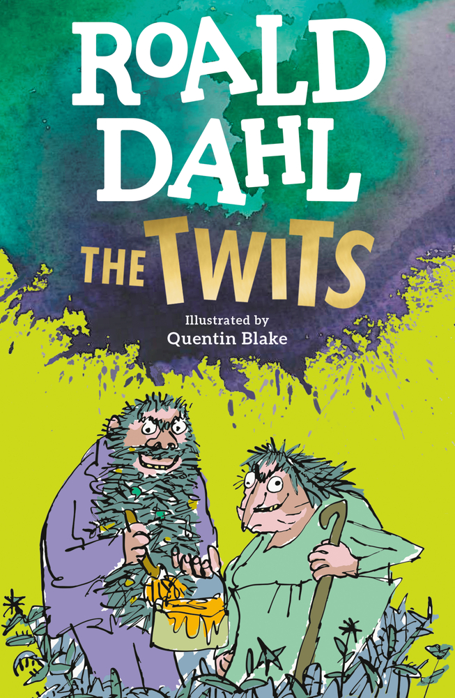 The Twits by Ronald Dahl. An older man an woman with devilish grins stare out through a garden patch. The woman holds a cane and a basket overflowing with orange goo.