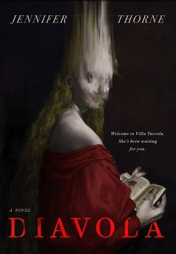 Diavola book cover featuring a pale woman with green hair in a red dress.