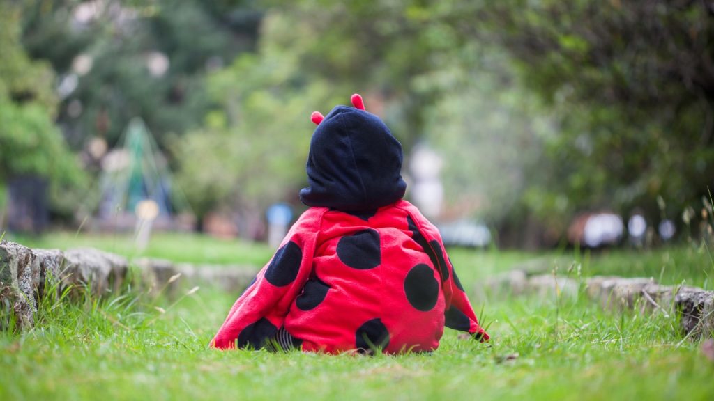A child in a ladybug costume sitting on grass with their back facing forward.