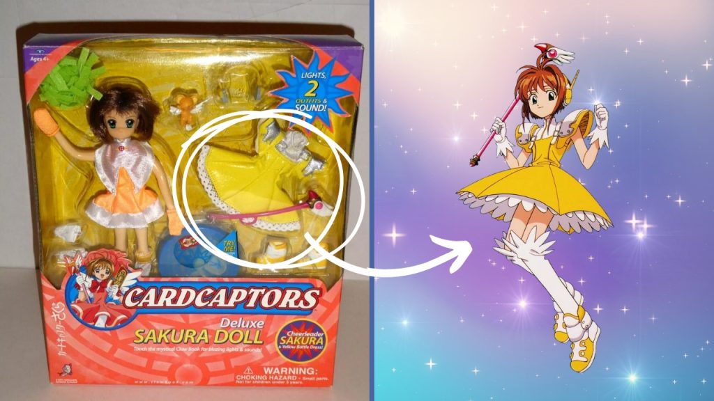 Boxed Cardcaptor Sakura play doll in a cheerleading uniform, surrounded by other accessories and a circled second outfit. An arrow points to the animated Sakura wearing the second outfit; behind her is a galaxy background.