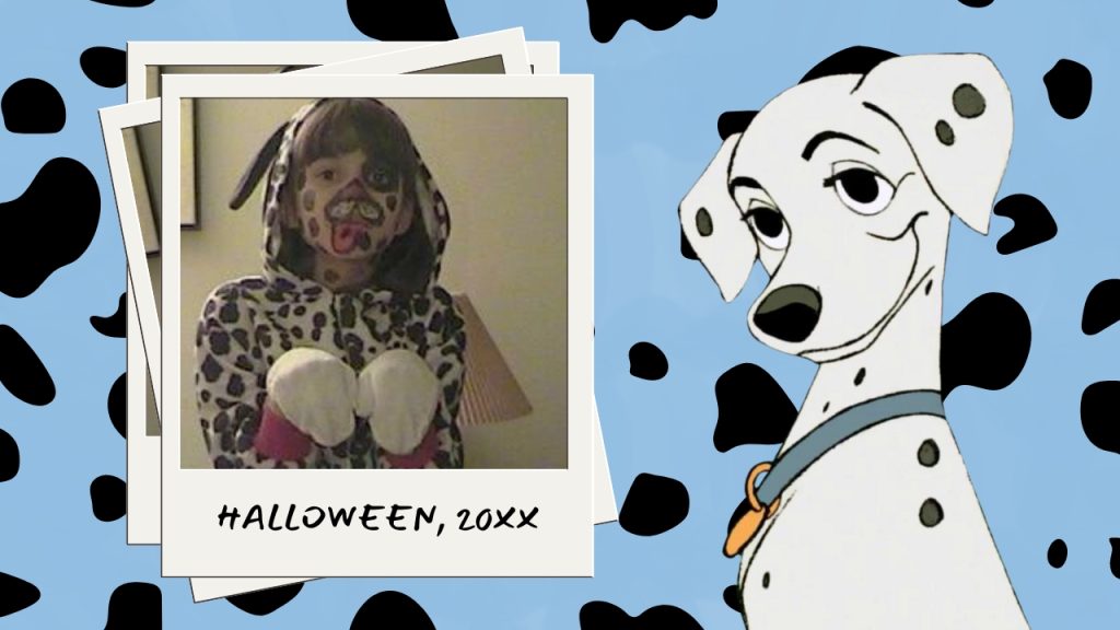 A stack of polaroid frames with a picture of a child Freya in a dalmation costume. On the right is Perdita from Disney's 101 Dalmations on a light blue background with dalmation spots.