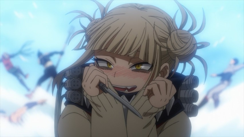 "My Hero Academia" anime still of Himiko Toga blushing while clenching a knife with a smile.
