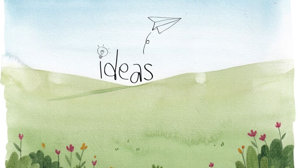 The word "Ideas" written with a lightbulb and paper plane on a green hill.