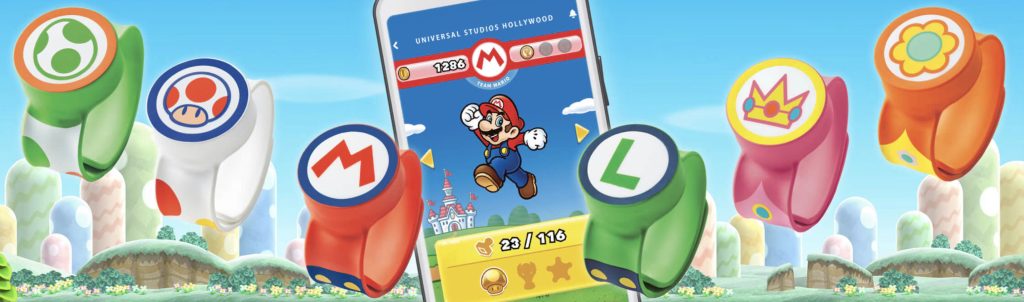 A phone is in the center with a Mario app open. Around the phone are 6 watch-like bands for each of the characters: Yoshi, Toad, Mario, Luigi, Peach, and Daisy.