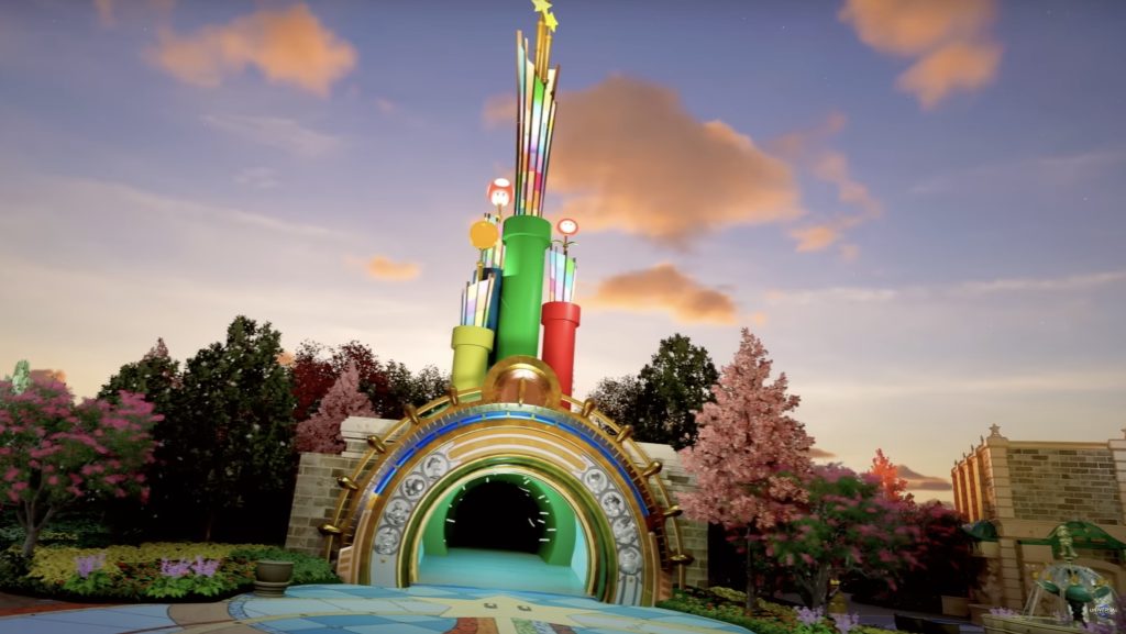 An artist rendering of the outside of a green tunnel. There are red and yellow tubes pointing upward off the tunnel with rainbow spokes and Nintendo characters.