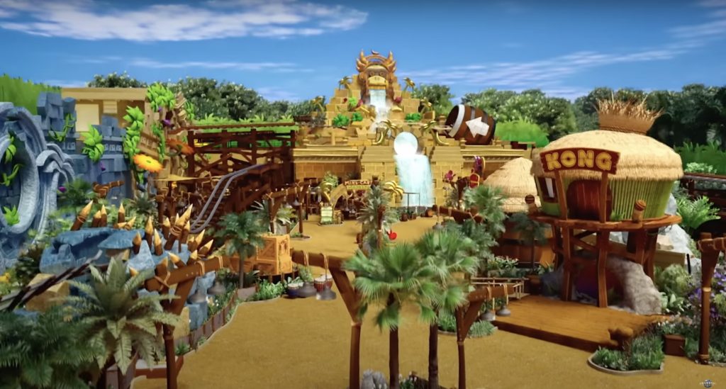 An artist rendering of Donkey Kong Island, a jungle filled with a roller coaster food stands.