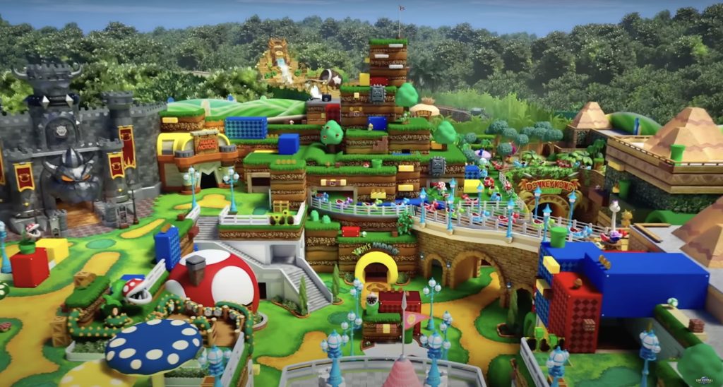 An artist rendering of a Nintendo world complete with earth blocks, trees, Bowsers castle, and Mario characters.