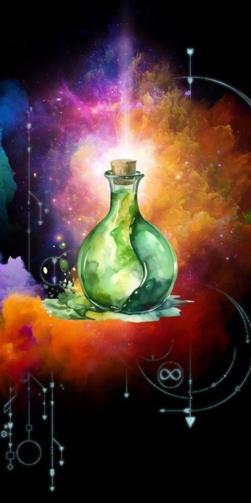 Green potion overlaid on a warm-toned galaxy background.