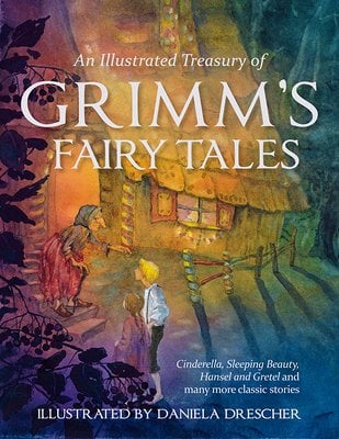 Illustrated cover of Hansel and Gretel, with darker rainbow tones. An old woman outside her cottage talks to two children in the woods.