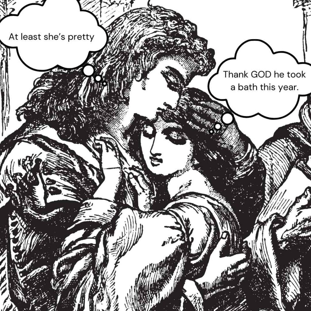 Sketched image of a man and a woman holding each other with thought bubbles.