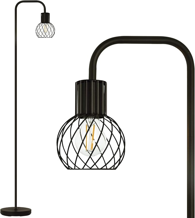 Tall black lamp that forms into a "U" shape at the top for the light.