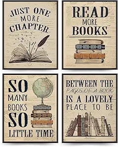 Four vintage style posters with book quotes. Top left says "just one more chapter" with an opened book. Top right says "read more books" with a stack of book beneath it. Bottom left says "so many books so little time" with a stack of books and the globe on top. Bottom right says "between the pages of a book is a lovely place to be" with book spines lined up with each other.