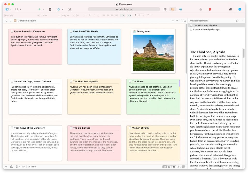 The "corkboard" function of Scrivener, with brightly colored Post-It Notes and a block of text on the far right.