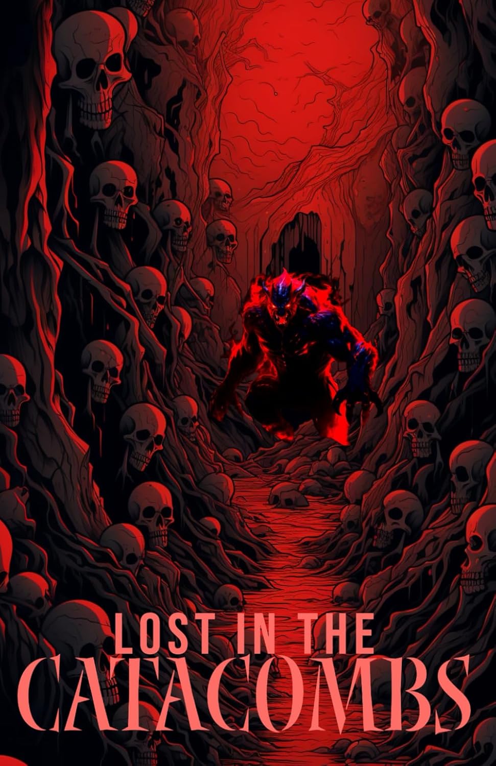 An all-red cover with bones lining the walls and a creature standing in front of a tunnel opening. The title is at the bottom in a lighter red hue.