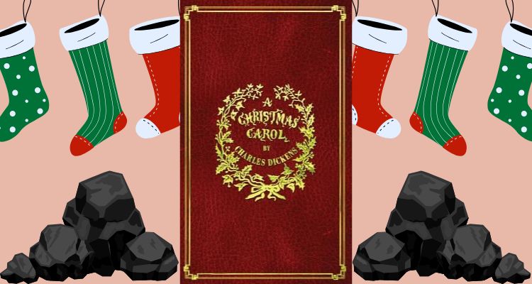 A Christmas Carol by Charles Dickens book cover with stockings and coal.