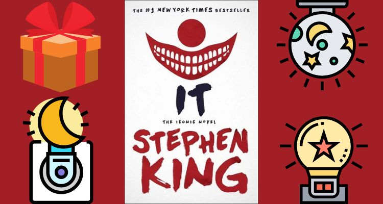 It by Stephen King book cover with three night lights and a gift box.