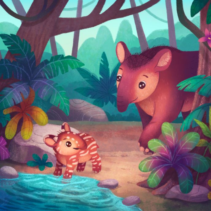 illustrated animals in a jumgle background drawn by Olga Urbanowicz