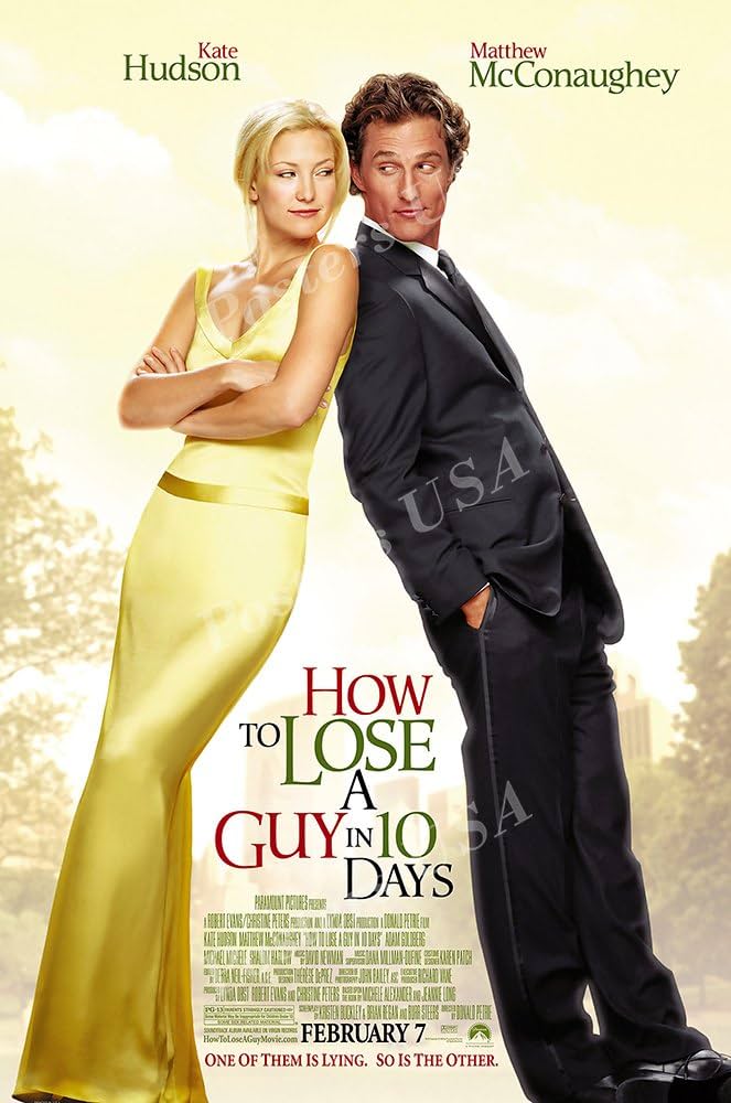 "How to Lose a Guy in Ten Days" movie poster of Andie and Benjamin leaning against each other in fancy clothing. Andie in a golden slim dress and Benjamin in a tuxedo.