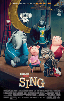 "Sing" promotional movie poster of the main 7 animal characters on the stage of the theater with a crescent moon hanging with Buster standing on it.