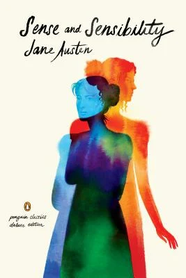 The cover for Sense and Sensibility by Jane Austen. There is a layered image of the two sisters. In the back is one in orange watercolor, and in the front, one in blue.