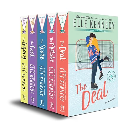 The image shows a five-book boxed set of Elle Kennedy's "Off-Campus" series. The books are lined up side by side, with the titles displayed: "The Deal," "The Mistake," "The Score," "The Goal," and "The Legacy." Each book has a distinct colored spine, and the cover of the first book, "The Deal," is visible, featuring a couple embracing in front of a hockey net.
