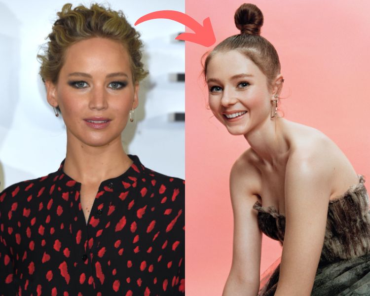 Jennifer Lawrence besides an image of Thomasin McKenzie