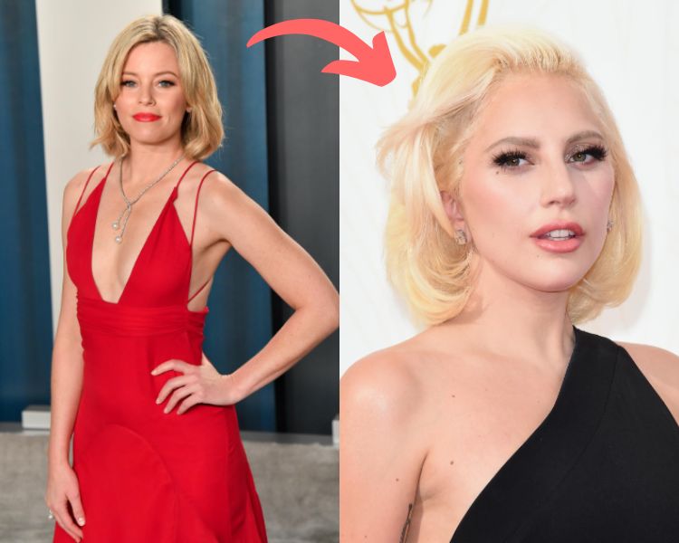 Elizabeth Banks besides an image of Lady Gaga.