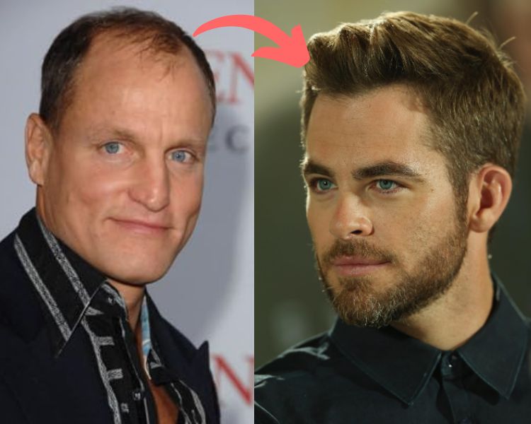 Woody Harrelson besides an image of Chris Pine.