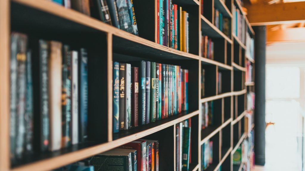 Side profile of a wall height and length book shelf dilled with books.