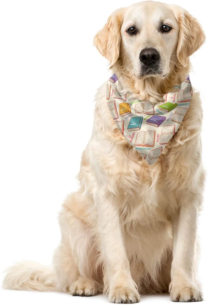 White background with a golden retriever sitting wearing a white bandana around neck with book designs.