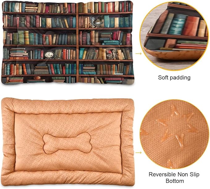 The image shows a book-themed pet bed with a bookshelf print on the top side, featuring soft padding for comfort. The bottom side is plain with a bone shape in the center and has a non-slip texture to keep it in place.