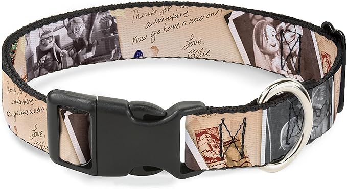 The image shows a pet collar featuring a vintage adventure-themed design with handwritten notes and illustrations.