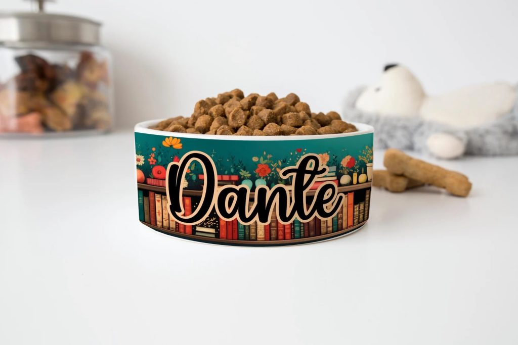 Pet food bowl with pet name on front and a library decal around.