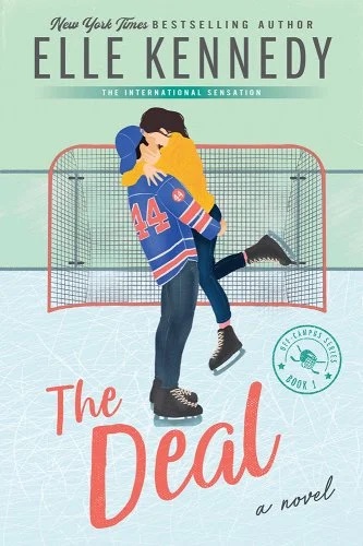 The cover of "The Deal" by Elle Kennedy shows a couple embracing in front of a hockey net. The man is wearing a blue hockey jersey with the number 44, and the woman is in casual clothes. The background has a light blue, ice-like texture, and the title is written in bold red font at the bottom.