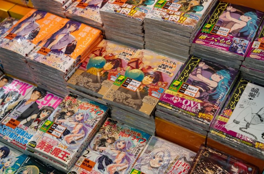 Stacks of various manga copies