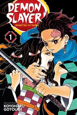 Demon Slayer by Koyoharu Gotouge manga cover with Tanjirou holding Nezuko, whose fangs are out.