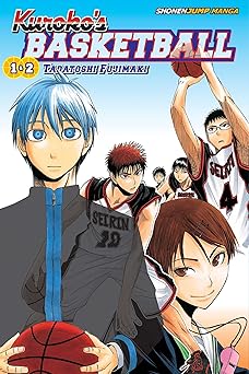 Kuroko's Basketball by Tadatoshi Fujimaki cover showing Kuroko holding a basketball, Riko smiling at someone, and Kagami, Hyūga, Izuki, and Koganei playing basketball.