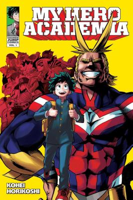 My Hero Academia by Kohei Horikoshi manga cover with Deku and All Might centered, and other characters clustered behind them.