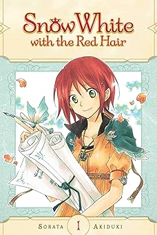 Snow White with the Red Hair by Sorata Akiduki manga cover with Shirayuki holding several scrolls.