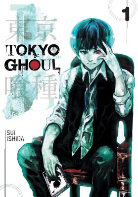 Tokyo Ghoul by Sui Ishida manga cover with Kaneki sitting in a chair and one hand over his red eye.