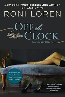 'Off the Clock' by Roni Loren book cover showing a chaise and two legs, each one belonging to a different person, lounging on it.