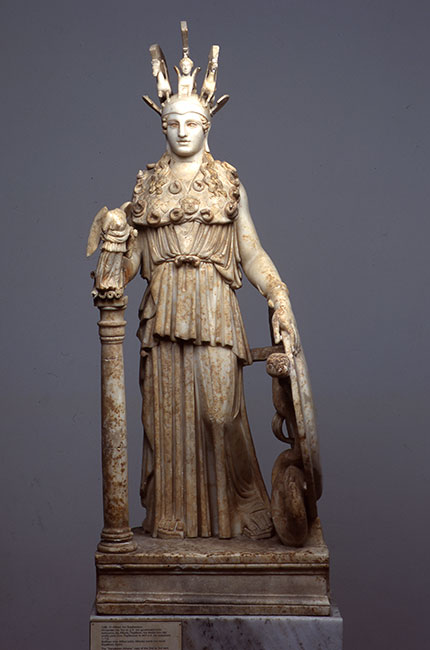 The statuette Varvakeion Athena with a shield in her left hand and a bird in her right