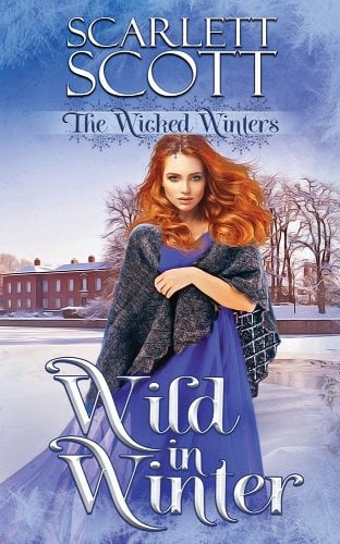 'Wild in Winter' by Scarlett Scott book cover with a young redheaded woman standing in front of a large manor in a snowy landscape.