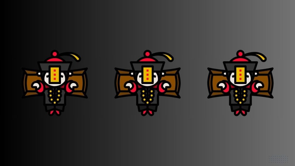Three cartoon drawings of jiangshi creatures in red, yellow, and black Qing Dynasty clothing set against a black-gradient background.