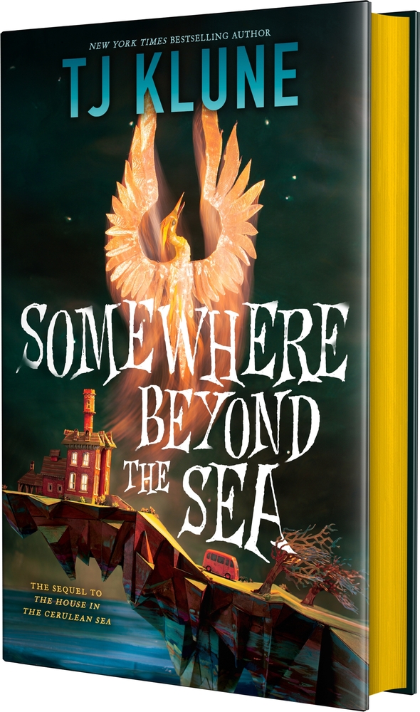 A cliff holds a house with a car driving away from it on the cover of Somewhere Beyond the Sea.