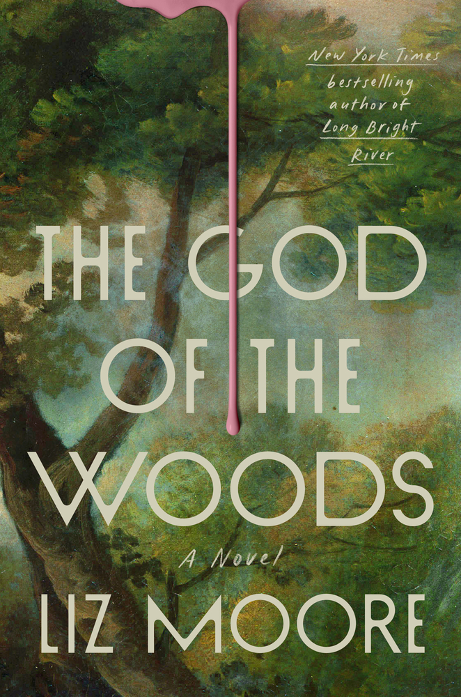 A painted image of a forest with pink paint for the cover of The God of the Woods