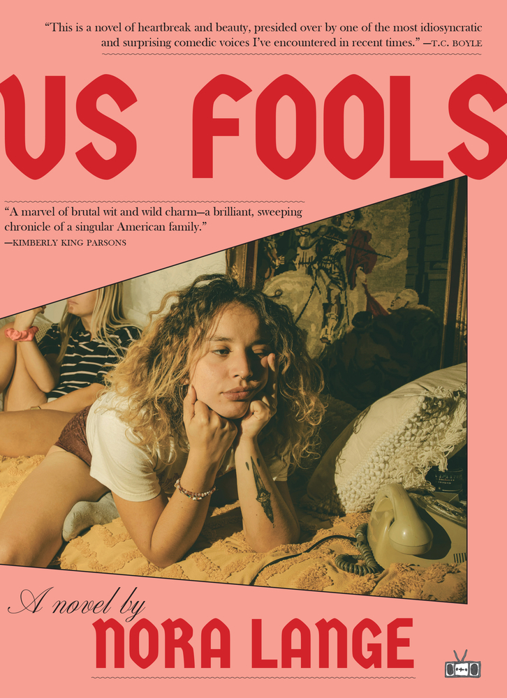 Us Fools by Nora Lange, book cover. Over a neon pink background, an image of a young girl thinks on a bed.